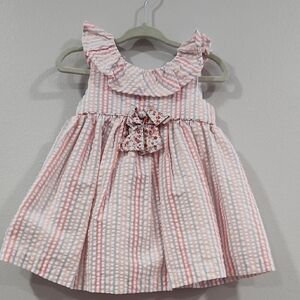 Bonnie Baby Pink and White Striped Dress with Floral Bow